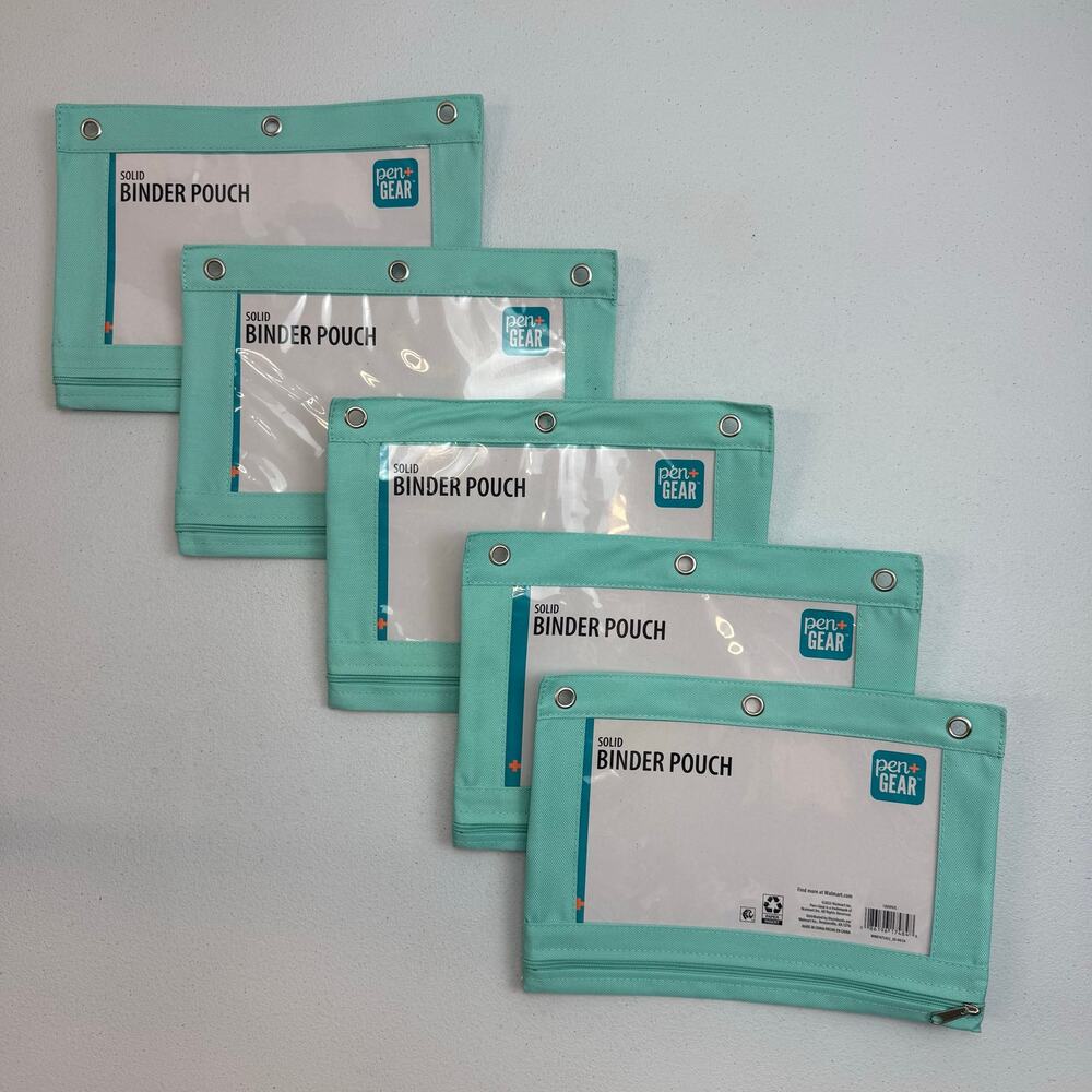 Pen+Gear 3 Ring Binder Pouch Pencil School Zip Bag Teal, Window Lot Set of 5